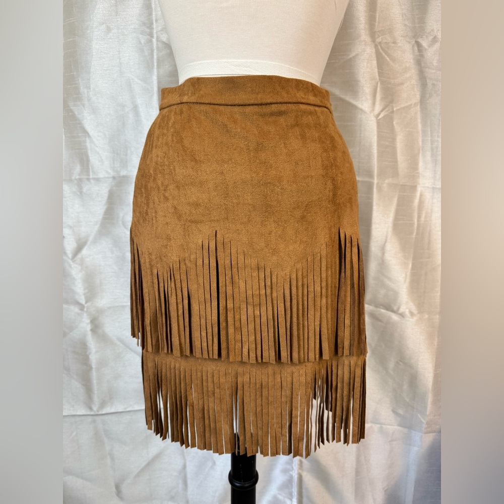 SHEIN Tan Fringe  Mini Skirt